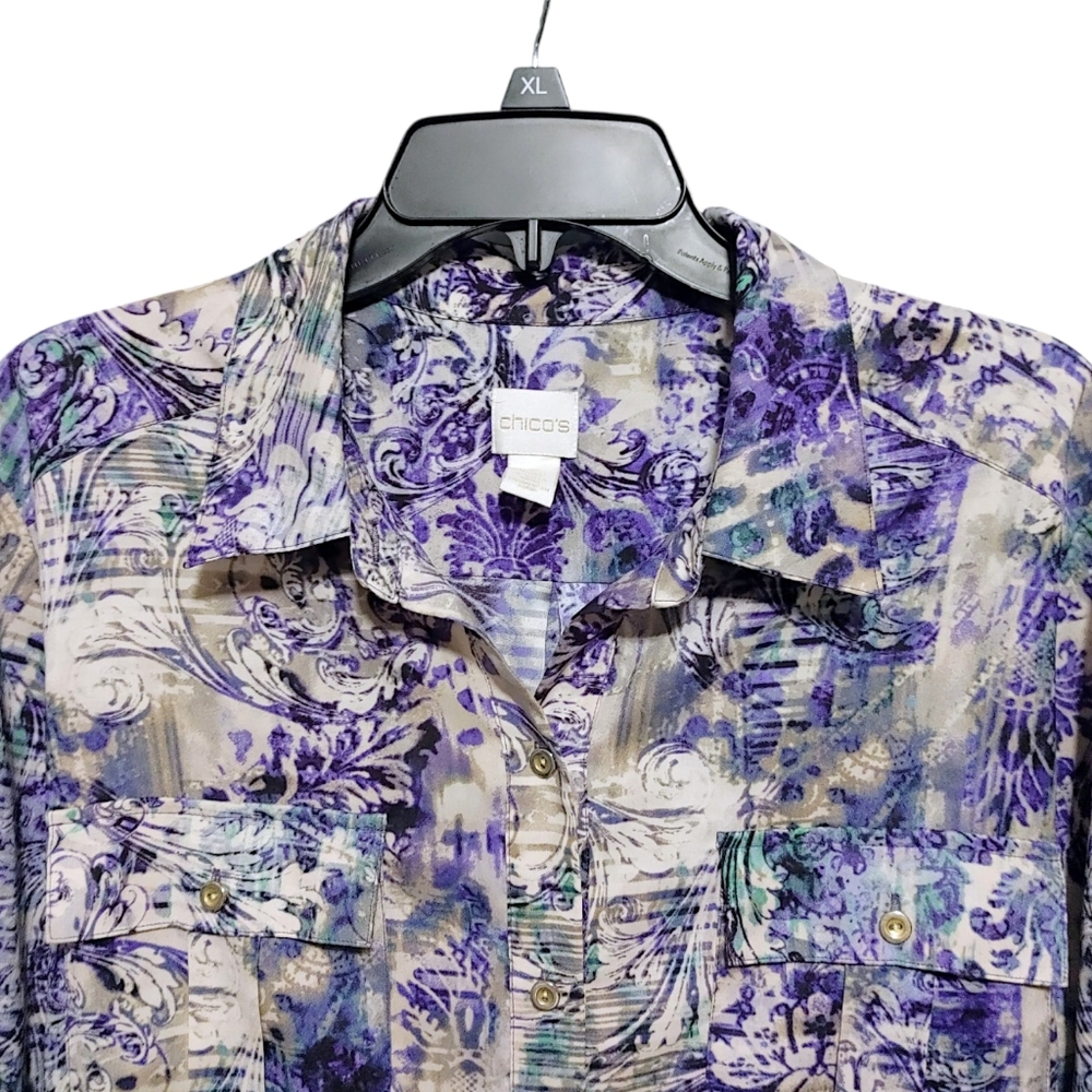 Chico's Blue Mixed Pattern Graphic Button Down Sh… - image 3